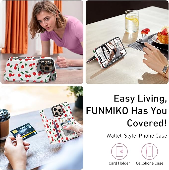 FUNMIKO for iPhone 16 Pro Max Wallet Case with Card Holder, RFID-Blocking, Military-Grade Protection & UV-Printed Artwork, Magnetic Closure with Leather Kickstand - Juicy Cherries