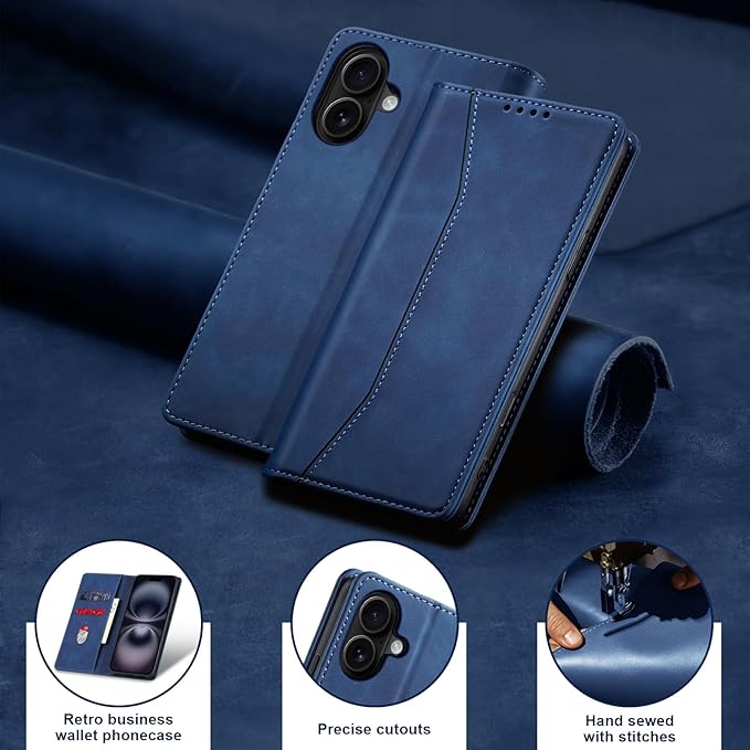 Jasonyu Flip Wallet Case for iPhone 16 Plus,Leather Magnetic Folio Cover with Card Holder,Kickstand - TPU Shockproof Durable Protective Phone Case,Blue