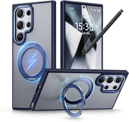 QTlier for Samsung Galaxy S24 Ultra Case, 360° Rotatable Magnetic Ring Stand Case, [Military-Grade Protection] [Raised Camera Frame] Case for Samsung Galaxy S24 Ultra, Matte Translucent Blue