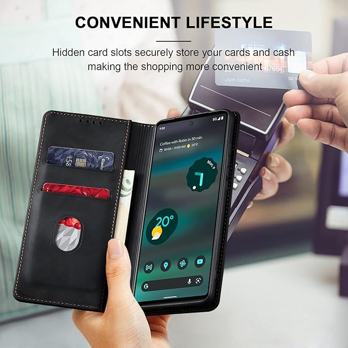 Jasonyu Flip Wallet Case for Google Pixel 6A 5G,Leather Magnetic Folio Cover with Card Holder,Kickstand - TPU Shockproof Durable Protective Phone Case,Black