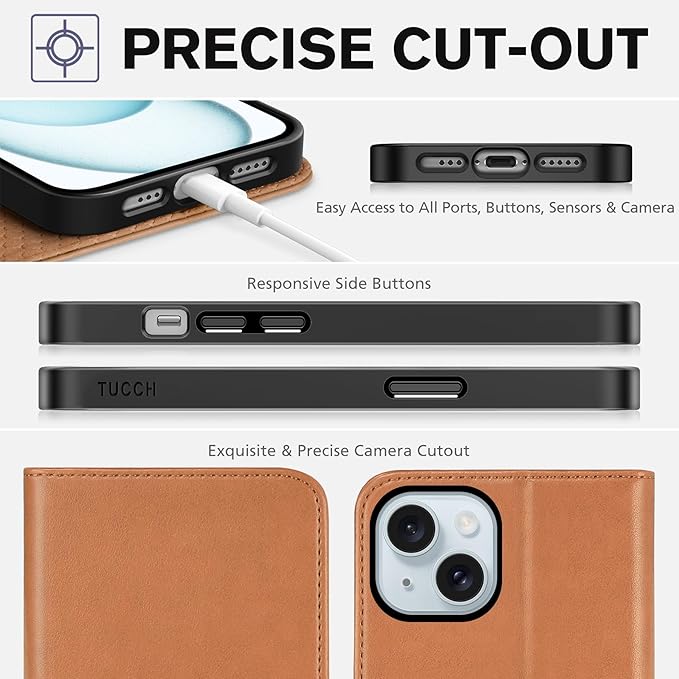 TUCCH Wallet Case for iPhone 15 5G, [RFID Blocking] 3 Credit Card Holder Case Wallet, Kickstand PU Leather Folio Flip Cover [TPU Interior Protective Case] Compatible with iPhone 15 6.1",Light Brown