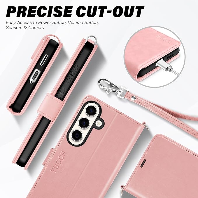 TUCCH Case Wallet for Galaxy S25 Plus, [Wrist Strap] Magnetic PU Leather Stand [RFID Blocking] Card Slot with [TPU Shockproof Interior Case] Compatible with Galaxy S25 Plus, Rose Gold with Wristlet
