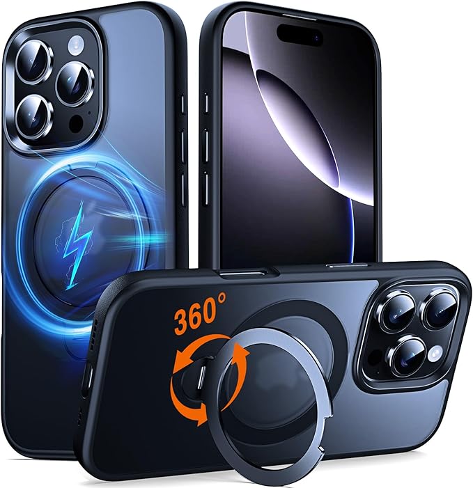 360° O-Ring MagStander for iPhone 16 Pro Case with Magnetic Kickstand Ring Holder [Compatible with MagSafe][360°Rotate Stand Ring][Military Shockproof] iPhone 16 Pro Phone Cover Matte Black
