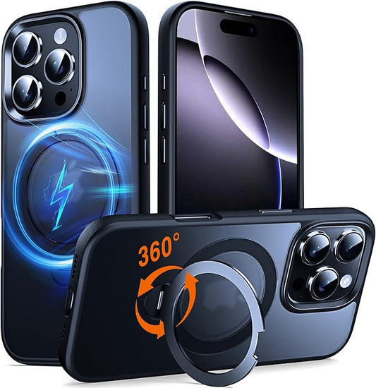 360° O-Ring MagStander for iPhone 16 Pro Case with Magnetic Kickstand Ring Holder [Compatible with MagSafe][360°Rotate Stand Ring][Military Shockproof] iPhone 16 Pro Phone Cover Matte Black