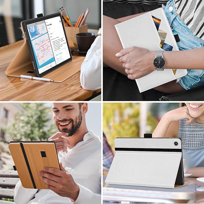 DTTO for Samsung Galaxy Tab A9 Plus 11 inch Case 2023, Premium Leather Business Folio Stand Cover with Hand Strap for Galaxy Tab A9+ 11'' 2023 Model (SM-X210/X216/X218) - Auto Wake/Sleep, White