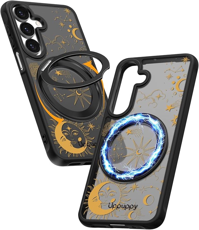for Samsung Galaxy A16 4G/5G Case with 360° Rotatable Magnetic Ring - Semi-Transparent Anti-Fingerprint Soft-Touch Material Shockproof, Cute Sun Moon Star Design for Women Girl
