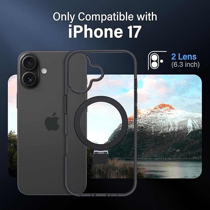 Magnetic Case for iPhone 17 - [Built-in Invisible Stand] [Compatible with MagSafe] [Military Grade Drop Protection] Anti-Yellowing Hard Back Silicone Edge Cover, 6.3", Clear Black