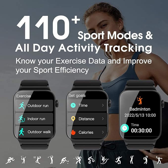 Smart Watch for Men Women Bluetooth Call, 1.85" HD Screen Smartwatch with Heart Rate/Sleep Monitor, 110+ Sport Modes Activity Trackers IP68 Waterproof, Fitness Watch Android iOS, Carbon Black