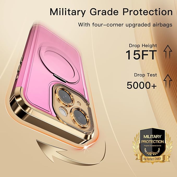 COOLQO for iPhone 13 Case 6.1'' Upgraded 360° Spin Magnetic Stand [Compatible with Magsafe][Military Protection] Plating Matte Scratch-Resistant Back Protective Shockproof Phone Case, Pink Gold