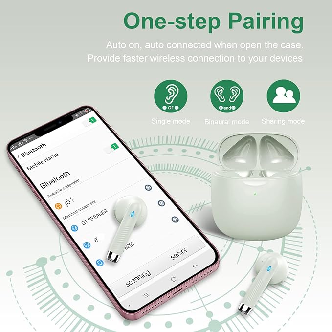 Wireless Earbuds, Bluetooth 5.4 Earbuds Stereo Bass, Bluetooth Headphones in Ear with Noise Cancelling Mic, Earphones IP7 Waterproof Sports, 32H Playtime USB C Charging Green Ear Buds for Android iOS