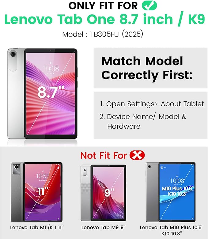 SEYMAC Case for Lenovo Tab One 8.7 inch/ K9 TB305FU (2025), Heavy Duty Full-Body Shockproof Protective Case with Screen Protector, Stand, Hand/Shoulder Strap and Pen Holder, Black