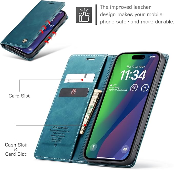 for iPhone 15 Plus Case, Flip Wallet Leather Case with Card Holder Magnetic Closure Shockproof Kickstand Protective Phone Cases Cover for iPhone 15 Plus, Blue-Green