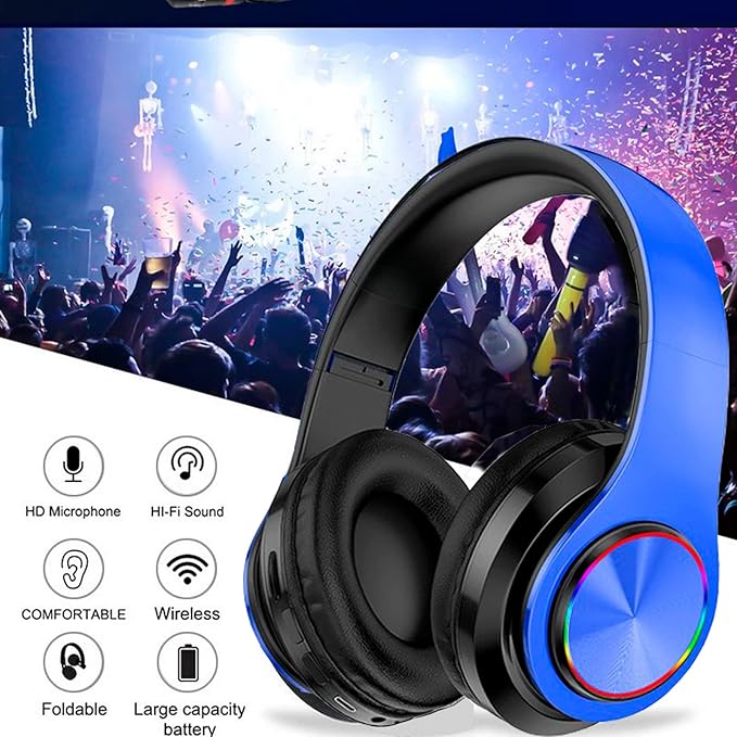 Kids Bluetooth Over Ear Headphones, Colorful LED Lights Headphones with Built-in Mic, Bluetooth 5.0, Wired and Wireless Foldable Stereo Headphones for Classroom/Home Office/Tablet/Airplane(Blue)