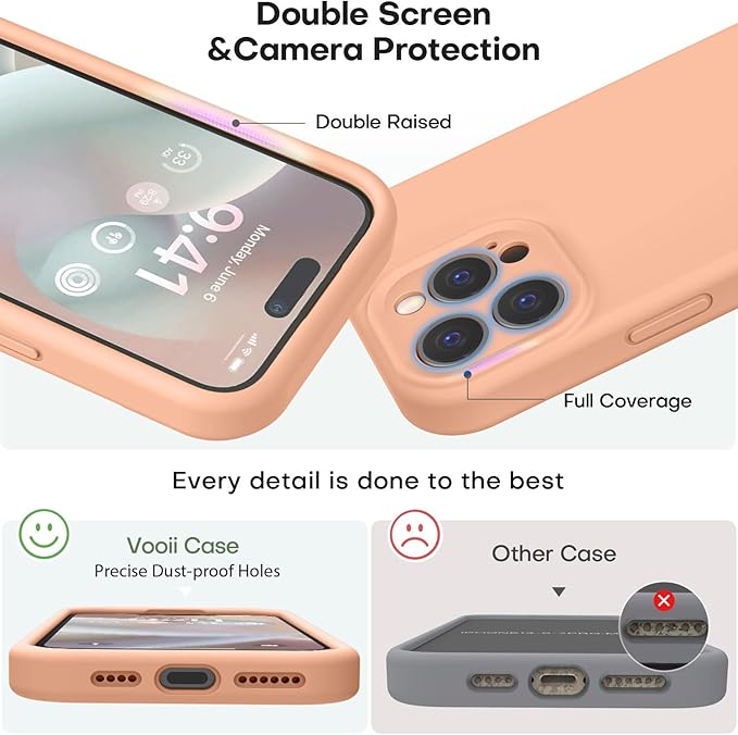 Vooii Compatible with iPhone 15 Pro Case, Upgrade Defender Liquid Silicone, [Camera Protection] [Soft Anti-Scratch Microfiber Lining] Shockproof Phone Case for iPhone 15 Pro 6.1 inch - Cantaloupe