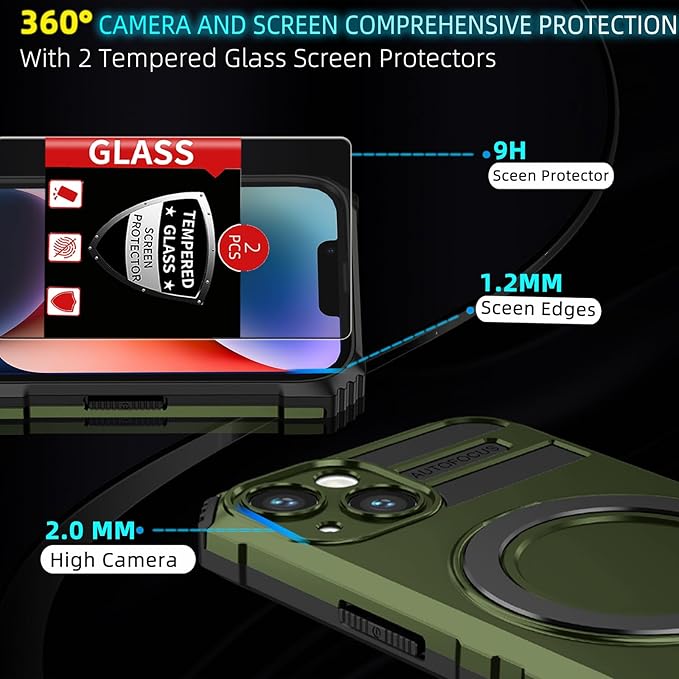for iPhone 14 Case Magnetic Compatible with MagSafe Wireless Charging,with 2 Screen Protectors,Built-in Kickstand Ring,Shockproof Shock-Absorbent Scratch Resistant Heavy Duty Protection Green