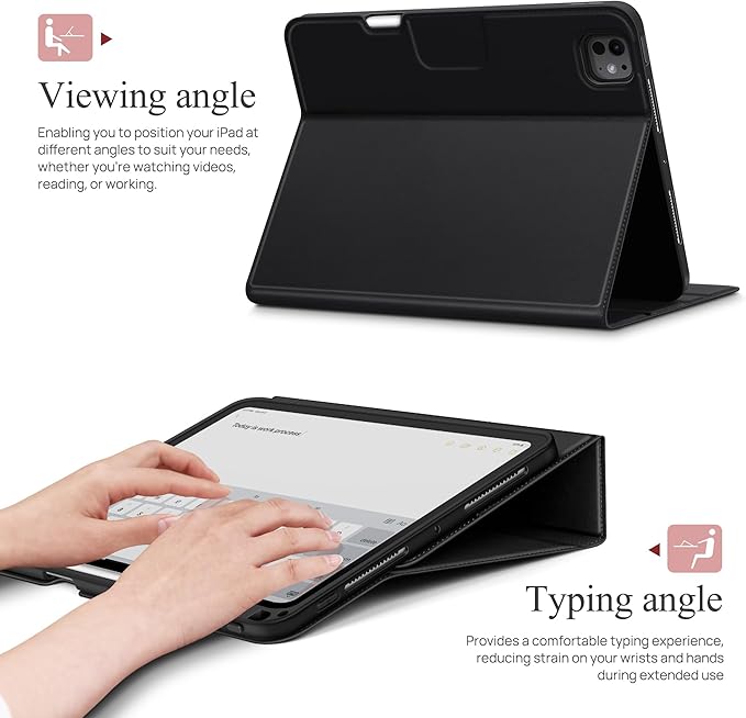 auaua Case for iPad Pro 11 Inch (M4) 2024 5th Gen (Model: A2836/A2837/A3006), with Pencil Holder and Pocket, Multiple Angles Viewing, Magnetic Closure, Auto Sleep/Wake (Black)