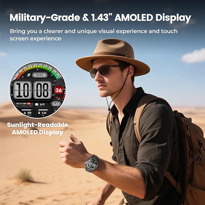 WalkerFit Military Rugged Smart Watch for Men 1.43" AMOLED Smartwatch,Alway-on,3ATM Waterproof for Swim,Accurate HR Sleep Monitor,Bluetooth Call Fitness Watch for iPhone Andriod Compatible,Steel Band
