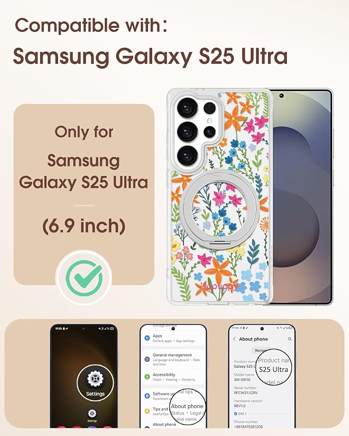 for Samsung Galaxy S25 Ultra Case with 360° Rotatable Magnetic Ring - Compatible with MagSafe, Semi-Transparent Soft-Touch Material Shockproof, Cute Colors Flower Design for Women Girl