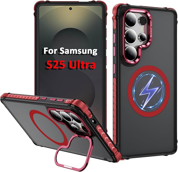 Magnetic for Samsung Galaxy S25 Ultra Case Red Fit for MagSafe Military-Grade Shockproof Protection Adjustable Kickstand Slim Matte Anti-Fingerprint Cover Men Women