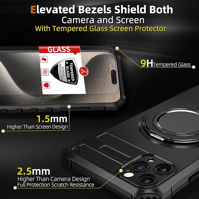 Magnetic for iPhone 15 Pro Case Compatible with MagSafe Wireless Charging,15Pro Phone Case with 2Screen Protector,with Kickstand Ring Military Grade Drop Shockproof Heavy Duty Protection Black