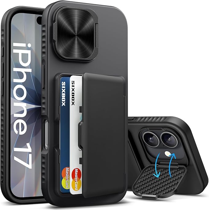 for iPhone 17 Case Wallet, Built-in Stand & Card Holder & Camera Cover, Rugged Military Grade Drop Protection Heavy Duty Hard Protective Phone Cover Case for iPhone 17 6.3" 2025, Black