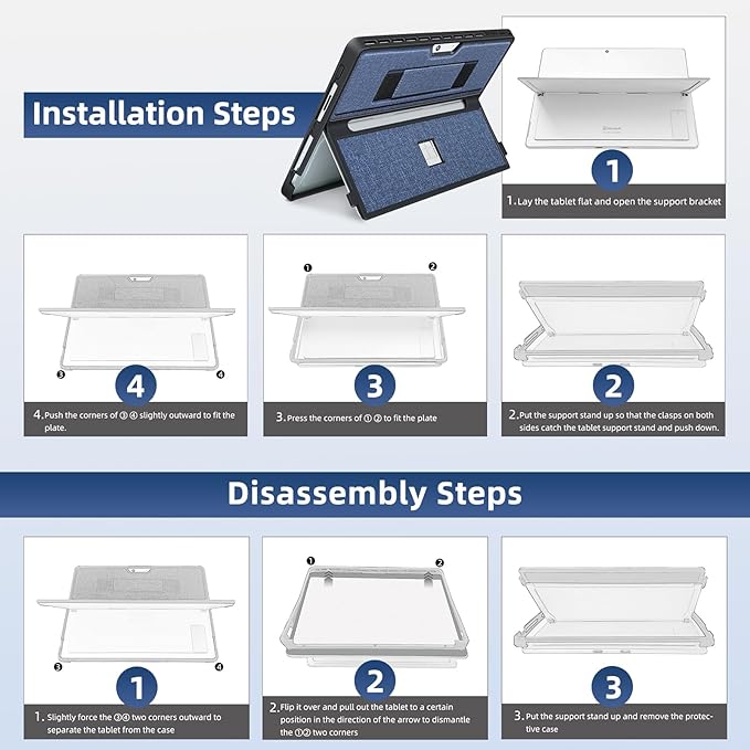 SSSGRGB Case fit Microsoft Surface Pro 11/10/9/8 13-Inch, with Stent Cover, Hand Strap, All-in-one Rugged Case Compatible with Type Cover Keyboards, Navy Blue