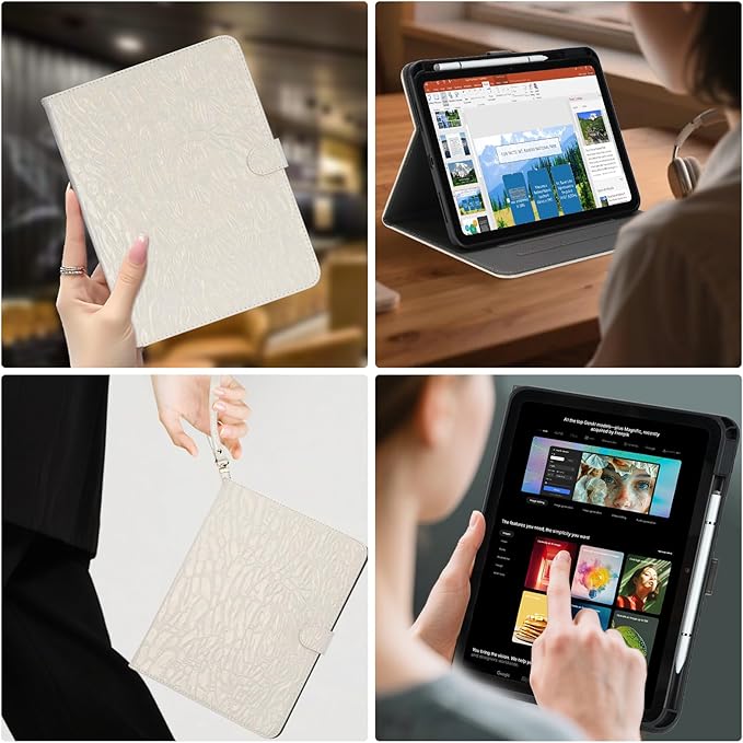 Elegant Case for Samsung Galaxy Tab A9 Plus 11 Inch 2023（Model: SM-X210/X216/X218）, Premium Leather Crocodile Cover | Stand | Card Pockets| Wrist Strap| S Pen Holde (Creamy White)