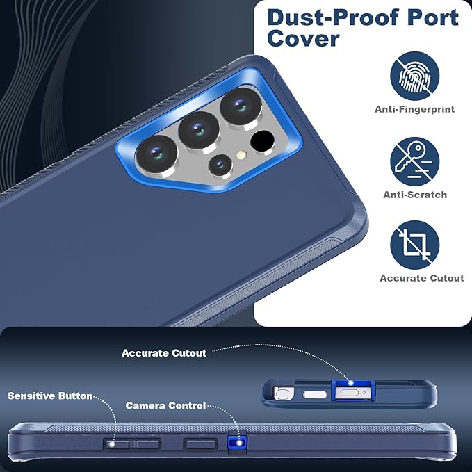 Designed for Samsung Galaxy S25 Ultra Case [with Privacy Screen Protector] 3-Layer Full Body Protection Rugged Shockproof Heavy Duty Phone Case Cover, Navy Blue