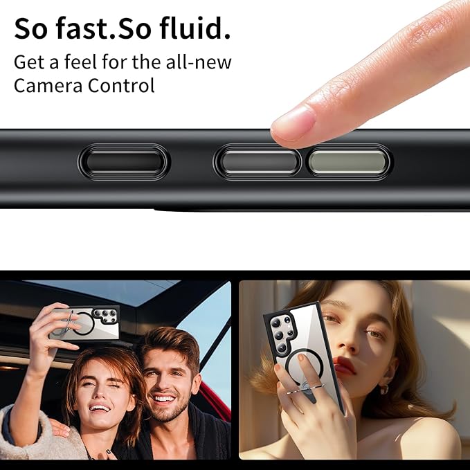 for Samsung Galaxy S24 Ultra Case Clear with Ring Holder,Kickstand 360°Rotatable Invisible Magnetic Built-in Stand [Compatible with MagSafe] [Drop Protection] Slim Soft Edge Cover,Black