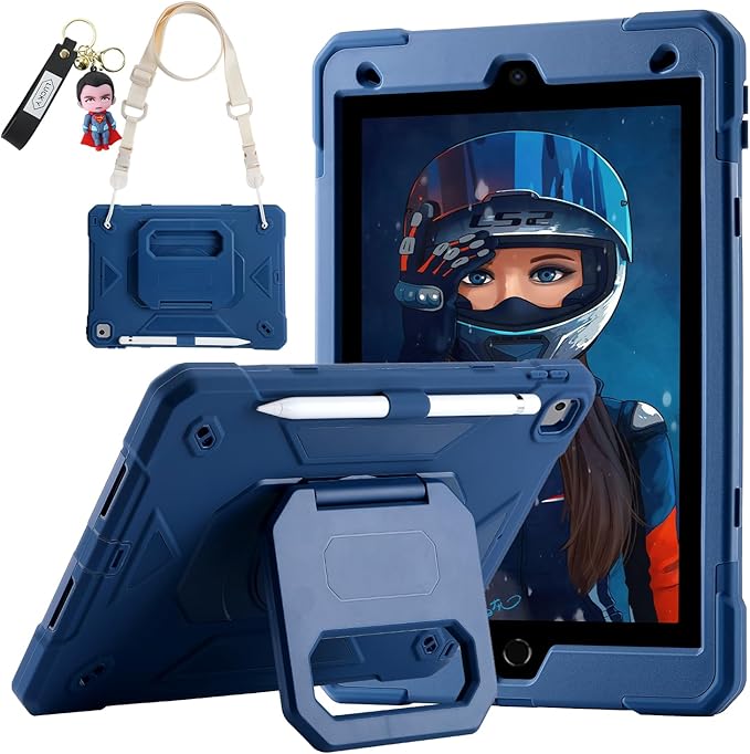 for iPad 9th/ 8th/ 7th Generation Case (iPad 10.2 inch Shockproof Case) with 360 Rotating Grip Magic Stand, Pencil Holder/Keychain/Carrying Shoulder Strap for iPad 10.2 inch (Navy Blue)