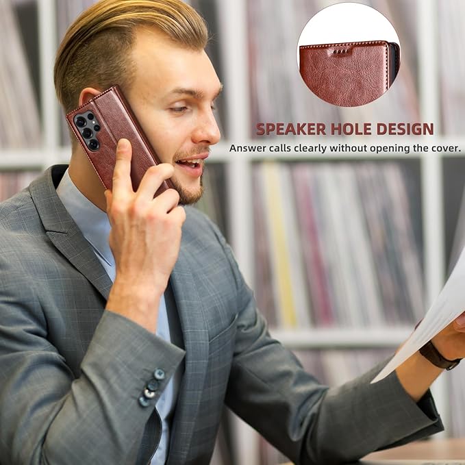 for Samsung Galaxy S24 Ultra Wallet Case, Genuine Leather Flip Folio Cover with RFID Blocking Card Holder & Kickstand, [Shockproof TPU Inner Shell] for Samsung Galaxy S24 Ultra, Brown