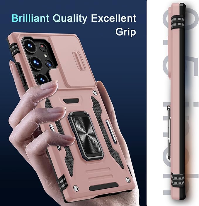 DEERLAMN Case for Samsung Galaxy S25 Ultra with Slide Camera Cover+Screen Protector (1 Pack), Rotated Ring Kickstand Military Grade Shockproof Protective Cover-Rose Gold