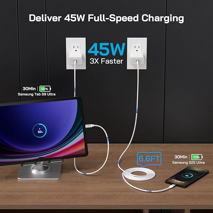 45W Super Fast Charger Type C, [2 Pack] 45 Watt USB-C Charger PD/PPS Wall Charging Block for Samsung Galaxy S25 Ultra/S24/S23 Ultra/S23+/S22 Ultra/S22+/S20 Ultra, Tab S8(White, with 2X 6.6ft Cable)