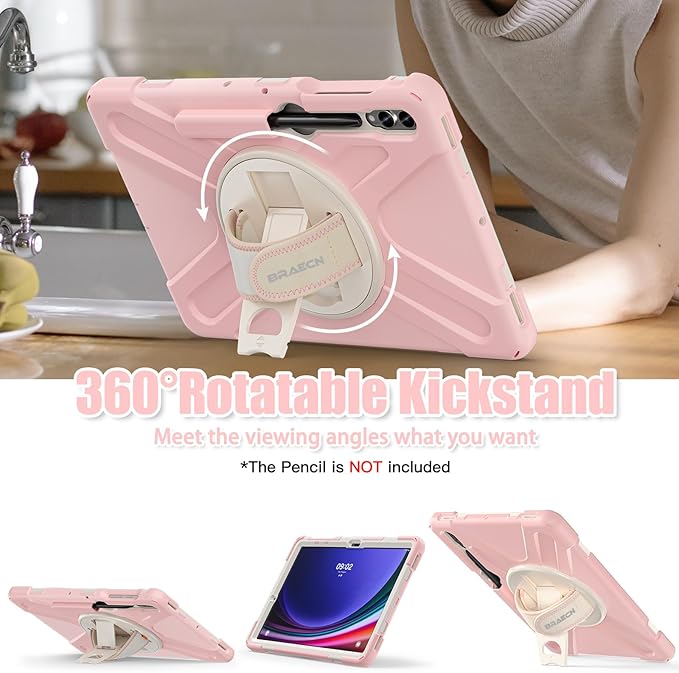 BRAECNstock for Samsung Galaxy Tab S10+ Plus/ S9 FE+ Plus/ S9+ Plus/ S8+ Plus/ S7 FE/ S7+ Plus 5G Case 12.4" Shockproof Protective Kids Cover with Rotating Hand Strap & Stand Pen Holder - Sakura Pink