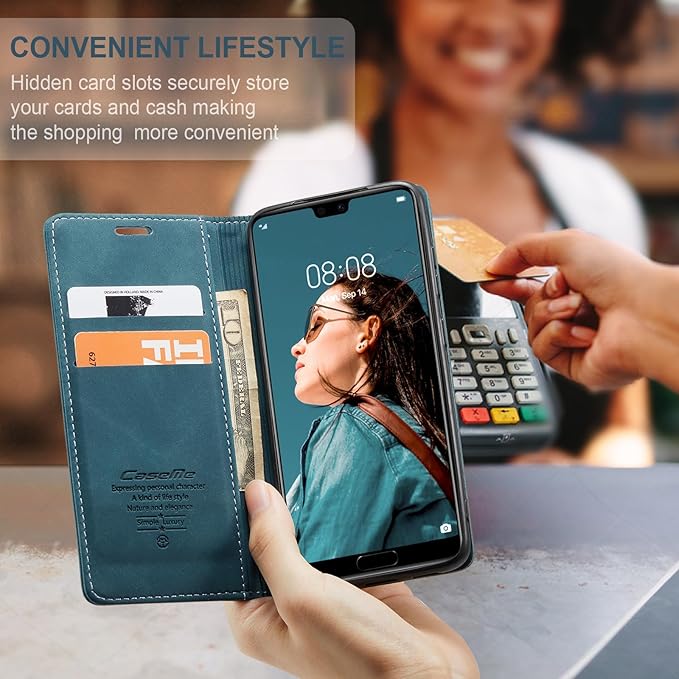 for Huawei P20 Pro Case, Flip Wallet Leather Case with Card Holder Magnetic Closure Shockproof Kickstand Protective Phone Cases Cover for Huawei P20 Pro,Blue-Green