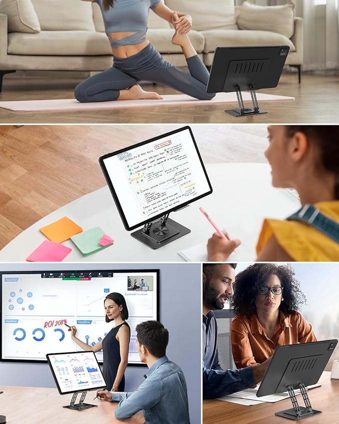 Tablet Stand Holder for Desk with 360° Rotating Base, Dual Rod Adjustable & Foldable Aluminum Stand for Home Office Compatible with 11’’-16’’ Tablets, Black