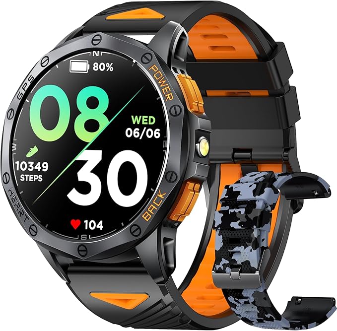 Military Smart Watches Built-in GPS, 170+ Sport Modes for Men with Flashlight, Smartwatch for Android Phones and iPhone, 1.43" AMOLED Screen Bluetooth Call Compass Altimeter (Black & Camo (2 Bands))