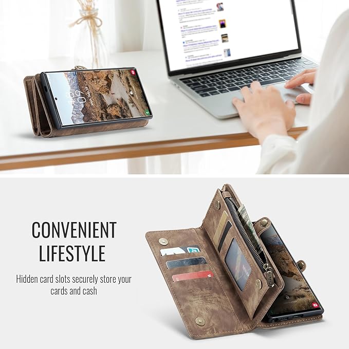 SZHAIYU 2 in 1 Detachable for Samsung Galaxy S25 Ultra Wallet Case with Card Holder, Retro Premium Flip Leather Cover Magnetic Zipper Pocket Phone Cases 6.8'' (Coffee, S25 Ultra)