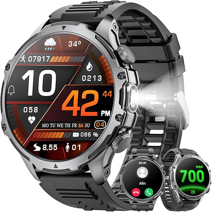 Military Smart Watch for Men (Answer/Make Call), 1,85" HD Touch Screen 700mAh Large Battery Fitness Watch with Flashlight/Heart Rate/Sleep Monitor Fitness Tracker for iPhone & Android Black