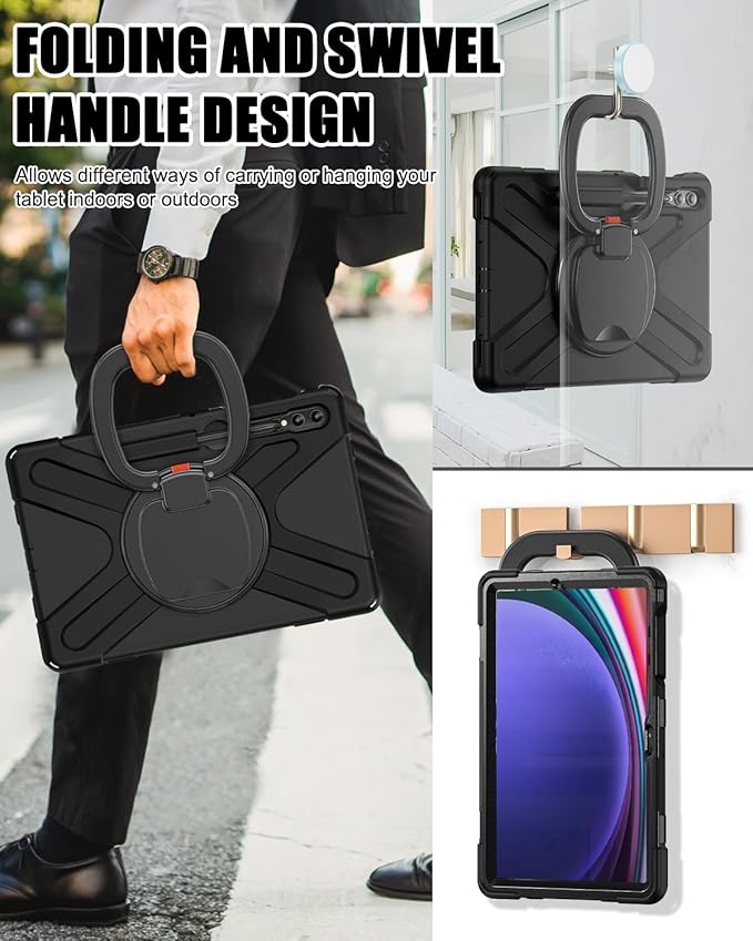 BRAECN Case for Samsung Galaxy Tab S10+/S9 FE+/S9+ Plus 12.4 Inch, Heavy Duty Silicone Case with Screen Protector, S Pen Holder, Stable Kickstand,Shoulder Strap for Galaxy Tab S8+/S7 FE/S7+, Black