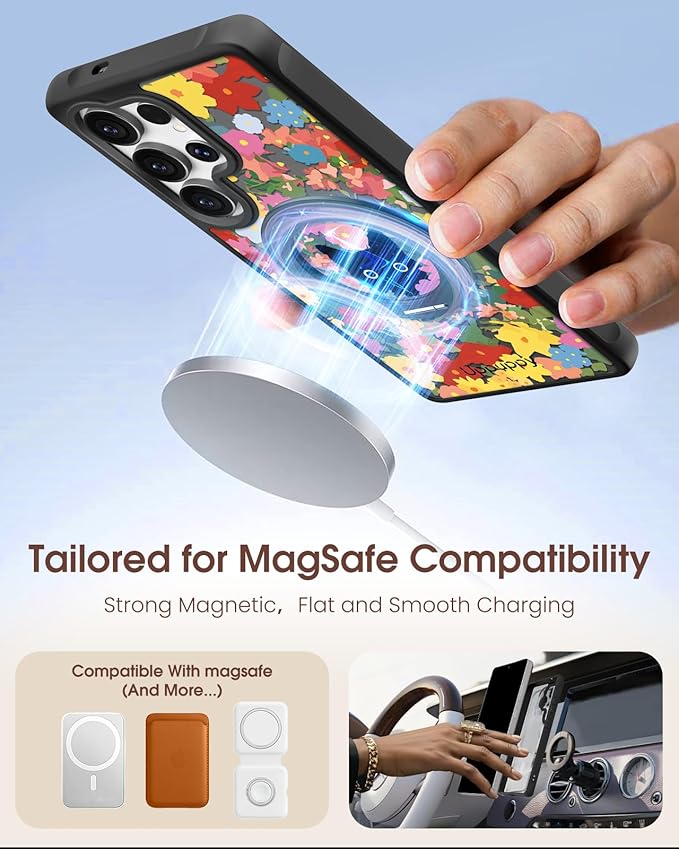 for Samsung Galaxy S25 Ultra Case with 360° Rotatable Magnetic Ring - Compatible with MagSafe, Semi-Transparent Soft-Touch Material Shockproof, Cute Black Cat & Flower Design for Women Girl
