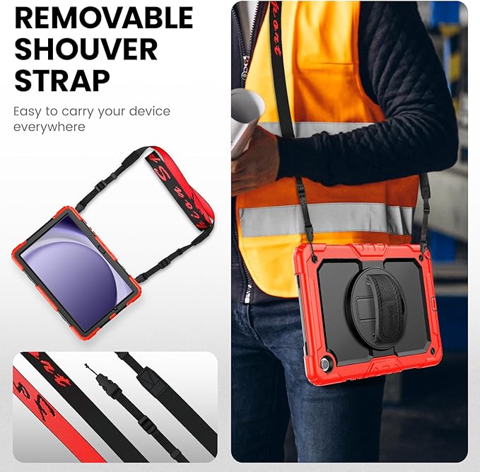 Timecity Case for Samsung Galaxy Tab A9 Plus 11'' 2024 (SM-X210/X216/X218), Full-Body Shockproof Protection Case with Screen Protector, 360° Rotating Stand, Hand Strap Case for A9 Plus Tablet- Red