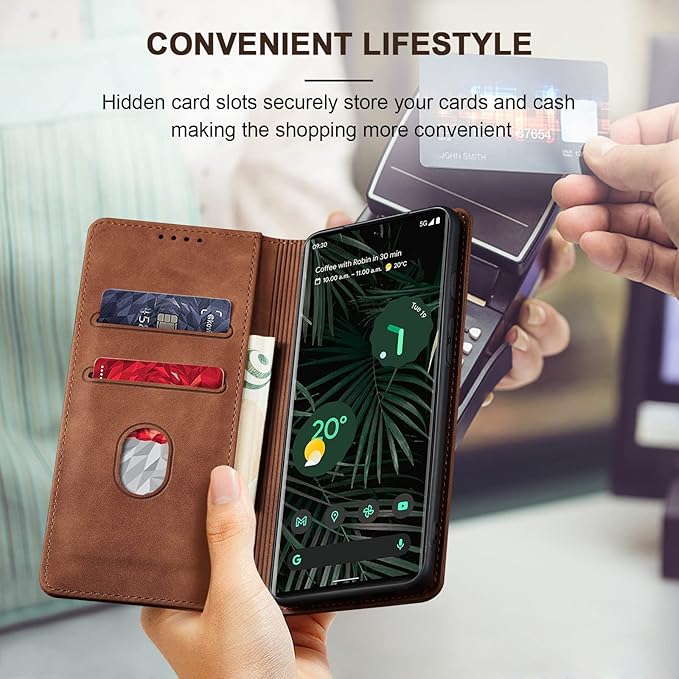 Jasonyu Flip Wallet Case for Google Pixel 6 Pro 5G,Leather Magnetic Folio Cover with Card Holder,Kickstand - TPU Shockproof Durable Protective Phone Case,Brown