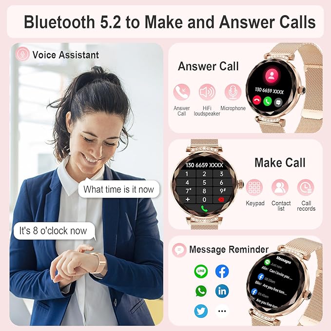 Smart Watches for Women Answer/Make Call, 1.19" AMOLED Smartwatch with Bluetooth for Android iOS Phones, IP68 Waterproof Fitness Tracker with Heart Rate SpO2 Sleep Monitor, Rose Gold