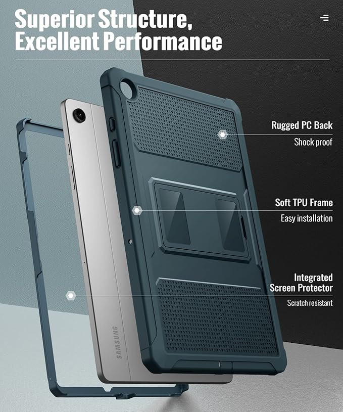 MoKo Case Fit Galaxy Tab A9 Plus 11-Inch 2023 (SM-X210/X216/X218), Shockproof Full Body Rugged Stand Back Cover Built-in Screen Protector Fit Galaxy Tab A9+ 11" 2023, Midnight Green