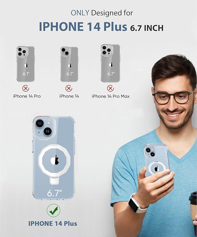 Compatible with iPhone 14 Plus Case, Built-in Screen Protector & Seamless Stand, with Camera Lens Protector, Strong Magnetic Clear Phone Case, Full Body Protective Cover for 6.7" (Clear)