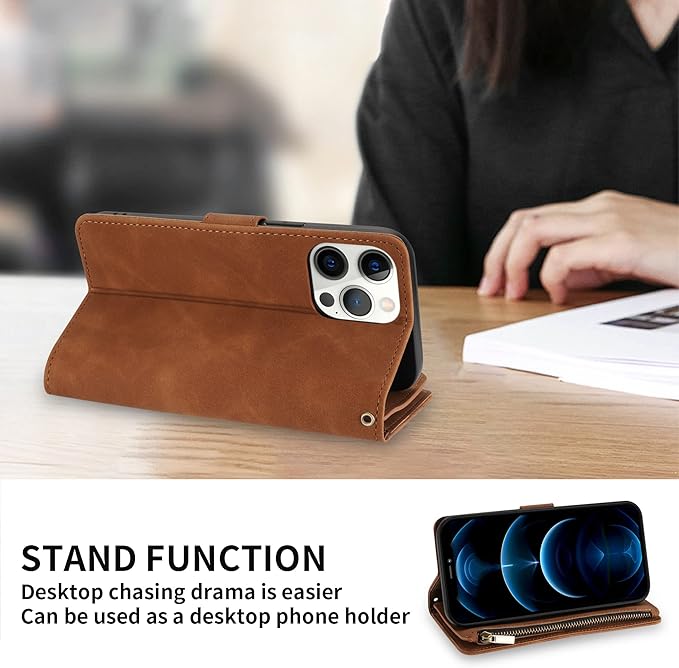 ZZXX iPhone 12 Pro Wallet Case with Card Slot, Premium Soft PU Leather Zipper Flip Folio Wallet with Wrist Strap Kickstand Protective for iPhone 12 (Brown 6.1 inch)