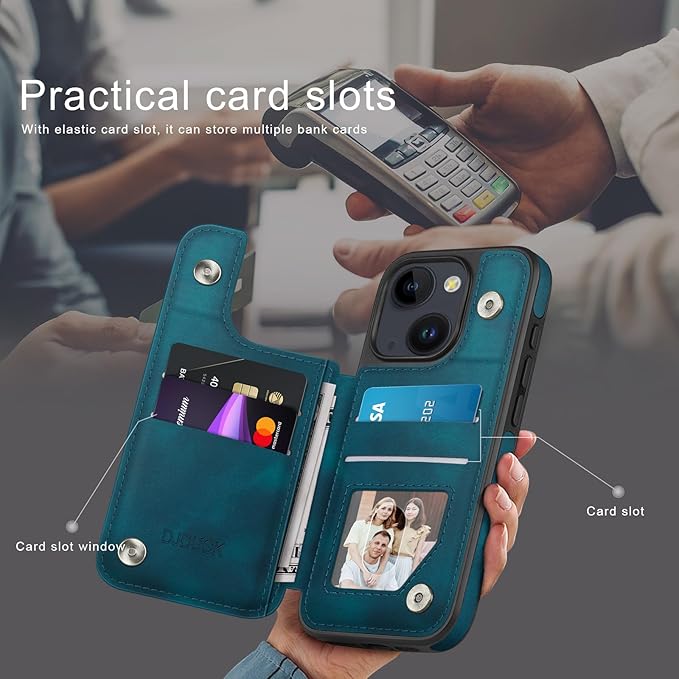 DJDUCK Designed for iPhone 14 Case Wallet with Card Holder, [Magnetic Clasp Cover] [RFID Blocking Leather Protection] Shockproof Women Men Cases 6.1 Inch for Apple 14 Teal
