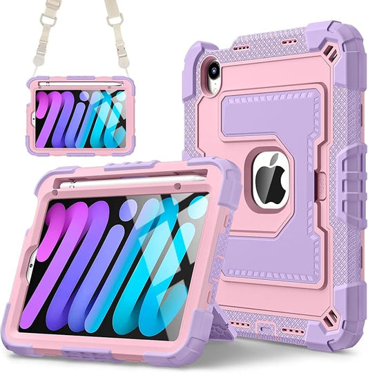 DreamerX for iPad mini 7 (A17 Pro) 2024 / Mini 6 2021 8.3 Inch Case, Rugged Shockproof Child Protective Cover with Stand Shoulder Strap Pencil Holder for Kids Girls Boys iPad mini 7th/6th Gen, Purple