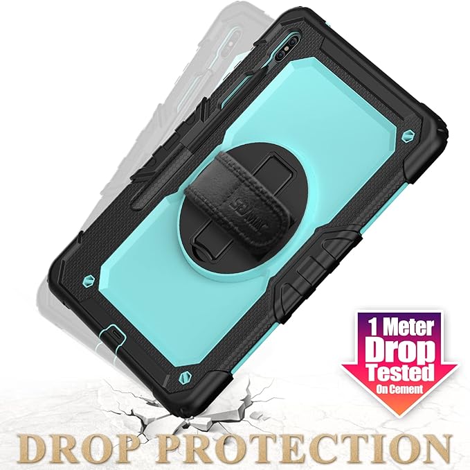 SEYMAC stock Case for Samsung Galaxy Tab S7 FE / S8 Plus 5G Case 12.4'' with Screen Protector Pencil Holder [360 Rotating Hand Strap] &Stand, Drop-Proof, SkyBlue/Black